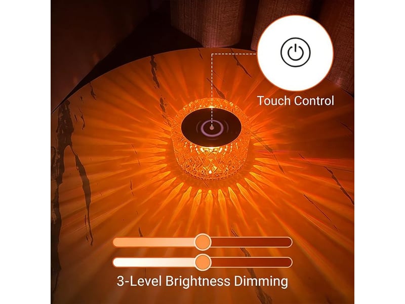  Lampe de table led cristal rechargeable sans fil, 3 niveaux de luminosité, 3 couleurs tactiles, lampe de chevet portable pour chambre, salon, décoration moderne  - Conforama D