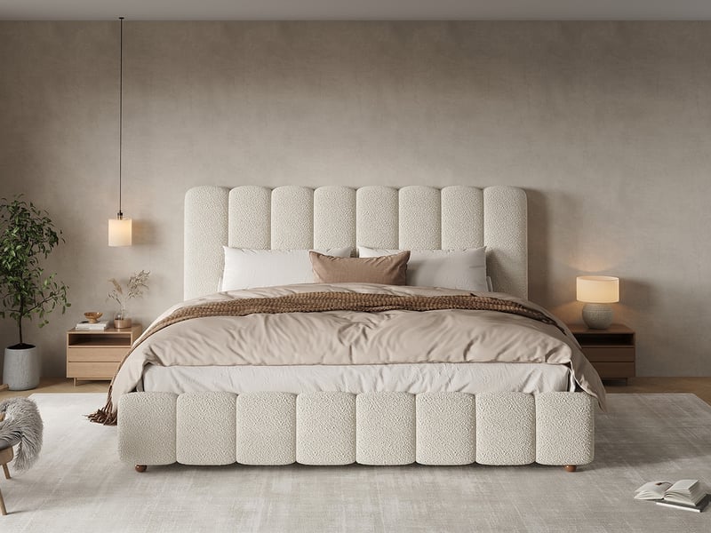  Lit double capitonné 180x200 cm en bouclé blanc avec sommier à lattes  - Conforama B