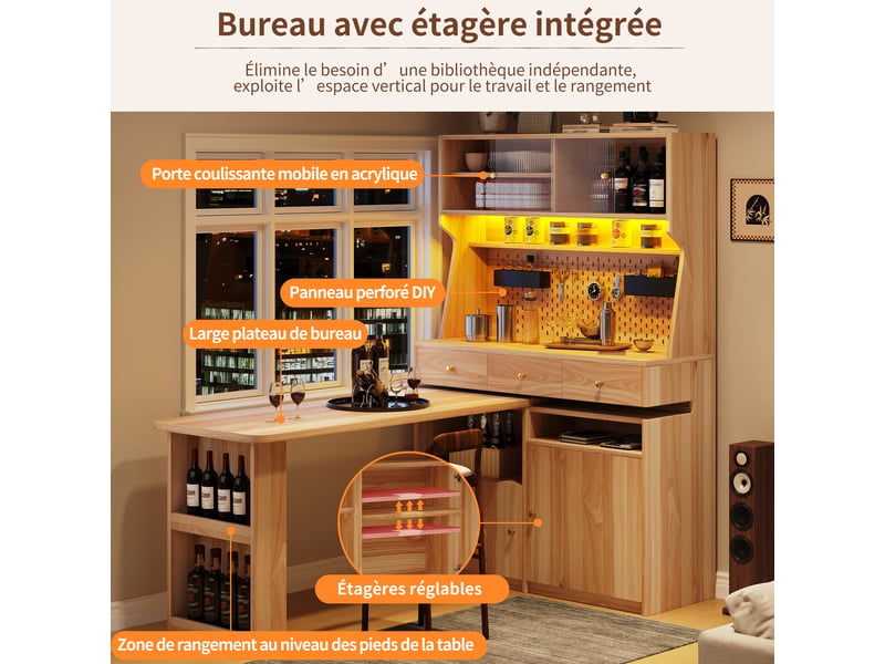  Armoire haute 137 x 74 x 177,7 cm avec bureau et bar intégrés, led pilotée par application et portes vitrées, bois naturel  - Conforama D