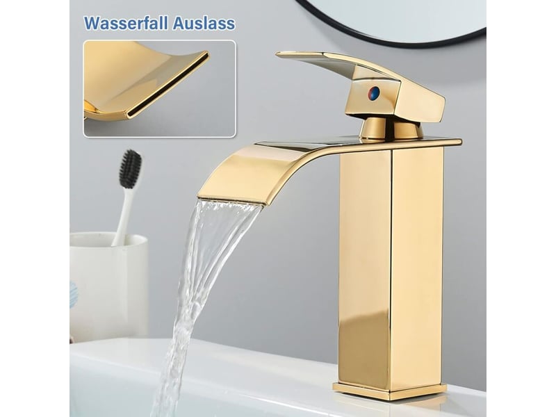  Robinet de salle de bain design moderne, couleur or, durable, contrôle de l'eau chaude et froide - profil bas de 18 cm HRC0000416TBY - Conforama C