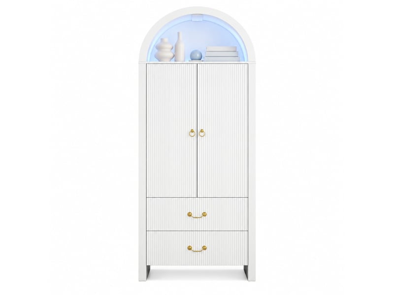 Armoire haute blanche avec niche arquée et éclairage led réglable par application, deux portes et deux tiroirs, façade à rainures verticales  - Conforama A