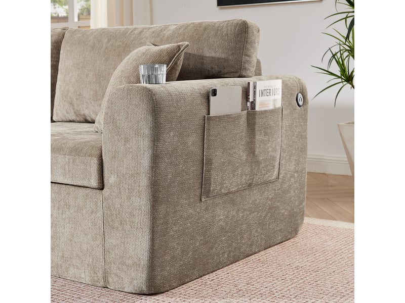 Canapé droit 2 places en tissu chenille marron avec rangement latéral et porte-gobelet pour salon moderne - Conforama W