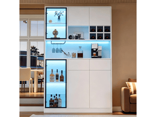 Vitrine haute 120x33x200 cm - 6 portes et 2 tiroirs - led usb - niche ouverte - verre trempé blanc