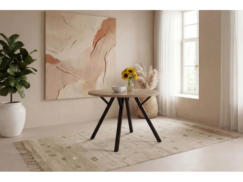 Iloa - table à manger ronde 120 cm pieds en métal noir - chêne clair  - Conforama D