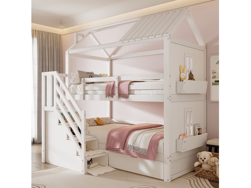  Lit superposé enfant 90x200 cm avec escalier de rangement et tiroirs, blanc  - Conforama B