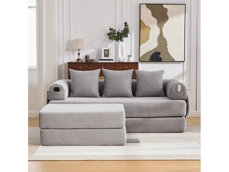  Canapé modulable modenvie 3 places avec pouf velours côtelé gris clair 200 x 190 x 67 cm  - Conforama D