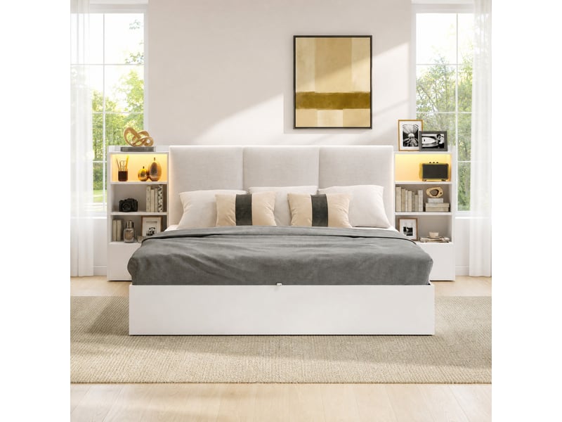  Lit coffre 180 x 200 cm avec tête de lit rembourrée, led et 6 niches, blanc  - Conforama E