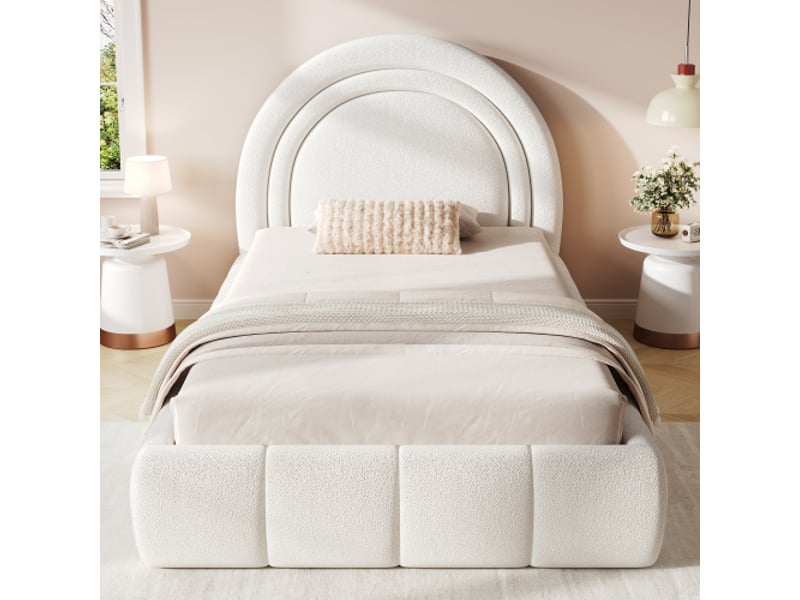  Lit coffre hydraulique 90x200cm pour enfant, lit simple rembourré tissu bouclé avec tête de lit confortable et sommier à lattes, beige  - Conforama B