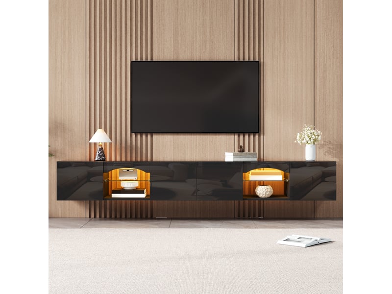  Meuble tv avec 4 portes, 2 niches ouvertes, étagères en verre et led commandée par application, noir 200 × 30 × 28 cm  - Conforama D