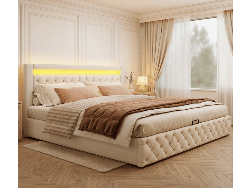 Lit double 180x200 cm avec rangement hydraulique et éclairage led réglable, tête de lit rembourrée, sommier à lattes, revêtement pu blanc - Conforama B