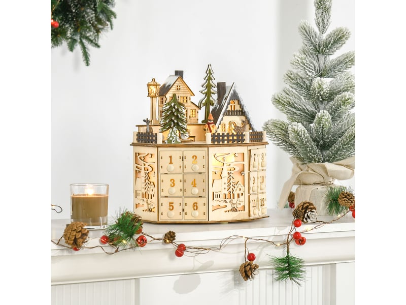  Calendrier de l'avent, décoration de noël, lumières led, 24 tiroirs, naturel  - Conforama C