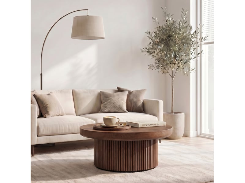  Table basse ronde 78x78x38,5 cm à plateau effet bois laqué couleur marron, design moderne  - Conforama B