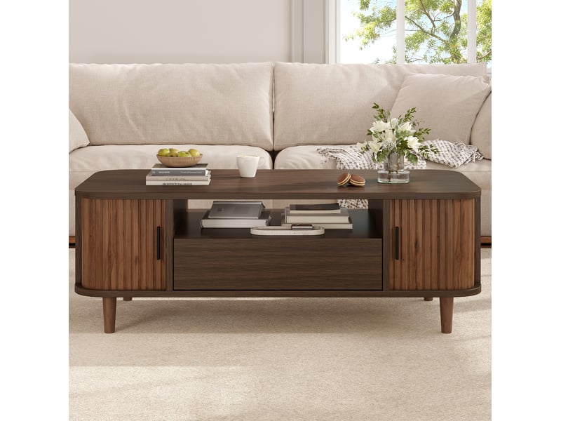 Table basse 100.00x50.00x35.00 cm avec tiroir et 2 portes à rideau, finition noyer - Conforama D