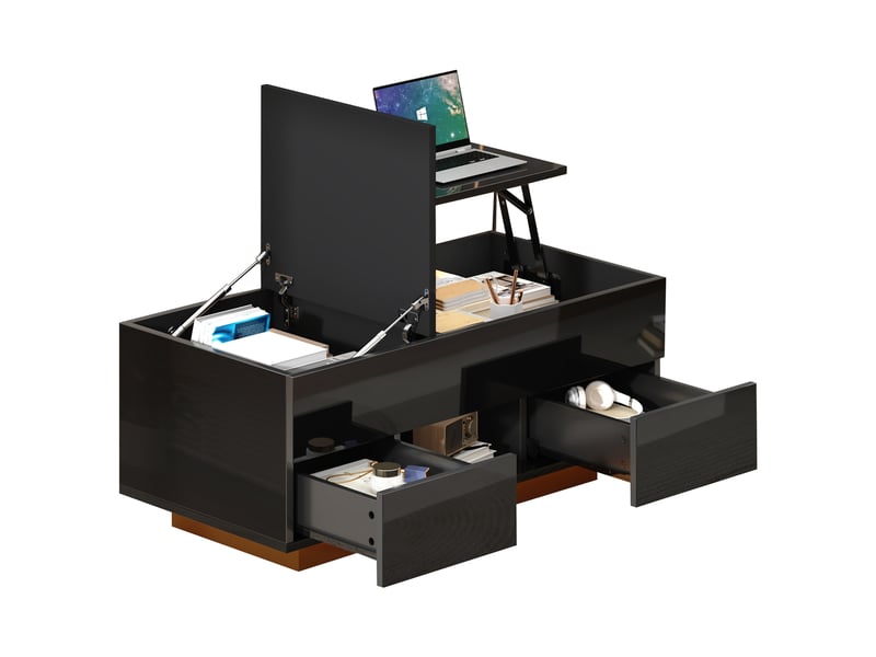  Table basse relevable avec 2 tiroirs et led, 100 x 45 x 43 cm, noir brillant  - Conforama A