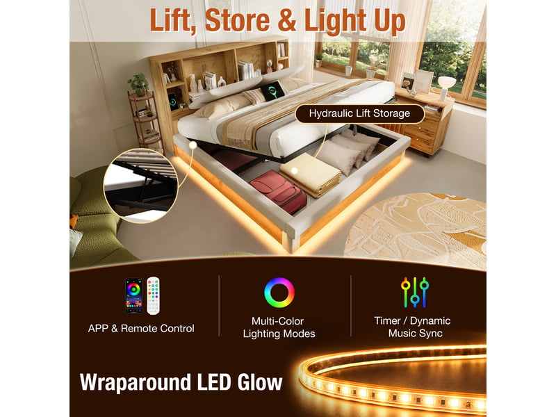  Lit coffre 160x200 avec sommier à lattes, led et usb, lin beige et effet bois  - Conforama D