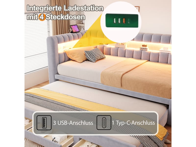  Lit banquette rembourré - 90x190 cm - convertible - tiroirs de rangement - rangements intégrés - éclairage led - gris clair CozyNest - Conforama E