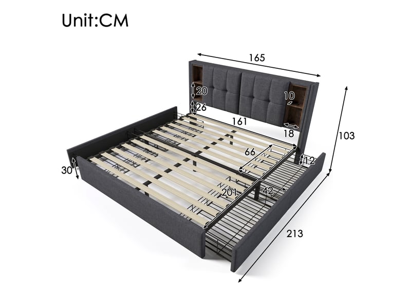 Lit rembourré tcqpz 160 x 200 cm avec 4 tiroirs, chargement sans fil, usb et usb-c, sommier à lattes en bois, lin gris - Conforama C