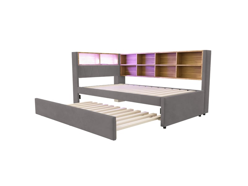  Lit gigogne 90x200 cm 2 en 1 avec 10 niches et led, flanelle, gris foncé, sans matelas  - Conforama R