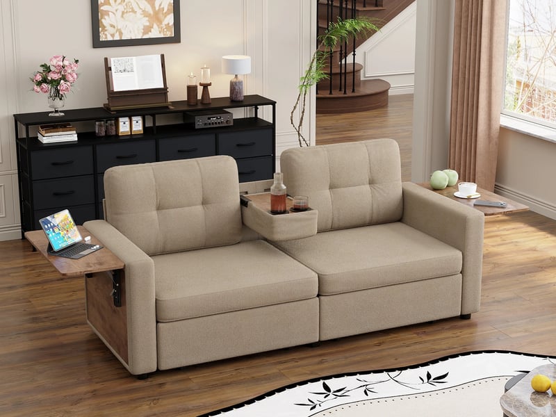  Canapé droit moderne en chenille,2 places,avec deux compartiments de rangement et siège réglable,178x71x57.5 cm,kaki  - Conforama B