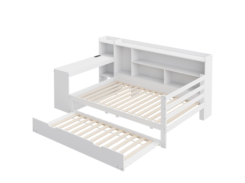 Lit banquette 90x200 cm – blanc – bureau intégré, rangements, couchage gigogne et prises usb – sans matelas - Conforama D