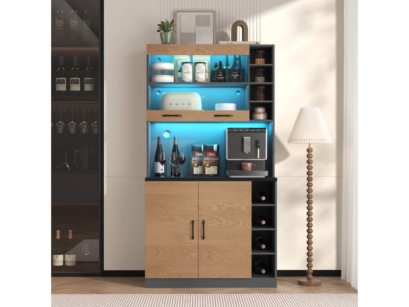  Armoire de cuisine avec led 100x47x187 cm, buffet haut pour micro-ondes, étagères réglables, gris et bois  - Conforama C