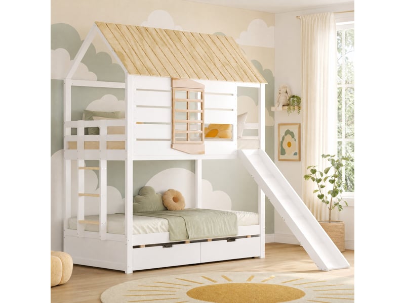  Lit superposé 90x200 cm avec toboggan et 2 tiroirs, en bois, blanc et naturel  - Conforama B