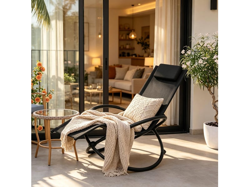  Transat à bascule en textilène 143,5 x 66 x 86 cm – noir – coussin amovible et accoudoirs rembourrés  - Conforama B