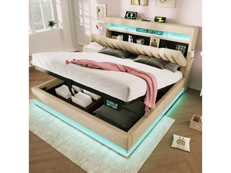 Lit double 140x200 cm avec coffre de rangement, tête de lit led et ports usbtype-c, tissu lin beige - Conforama B
