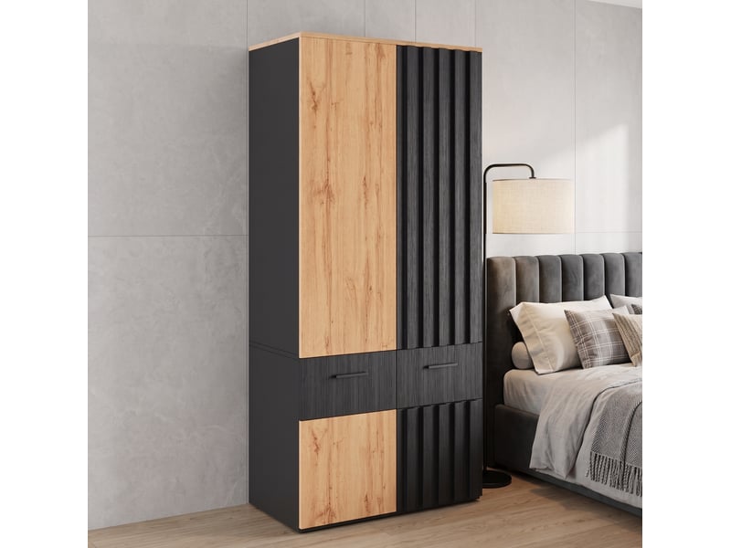  Armoire 2 portes 90x50x200 cm avec penderie et 2 tiroirs noir et naturel  - Conforama D