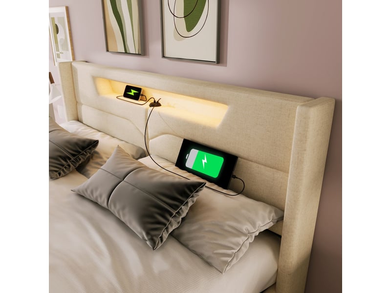  Lit coffre 140x200cm avec matelas led port usb type-c - lit rembourré - tissu lin beige sommier relevable grand espace rangement  - Conforama D