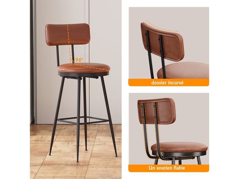  Lot de 2 tabourets de bar - 38x39.7x85.5cm - chaises de bar industrielles vintage en cuir pu - marron  - Conforama D