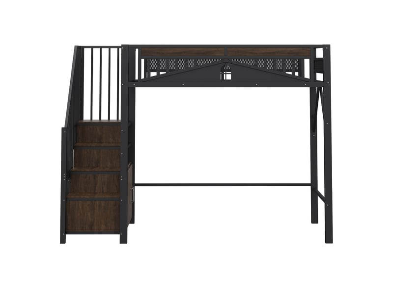  Lit mezzanine 1 place avec marches de rangement, armoire et barrière à fenêtre, 90x200 cm, sans matelas, noir  - Conforama E