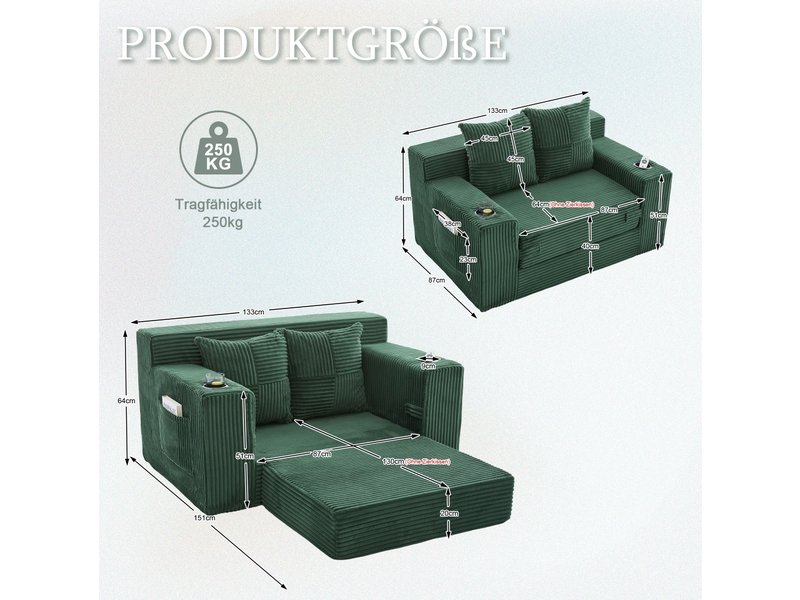  Canapé-lit tcqpz 2 places 151 x 133 x 64 cm en velours côtelé vert émeraude avec poches latérales  - Conforama C