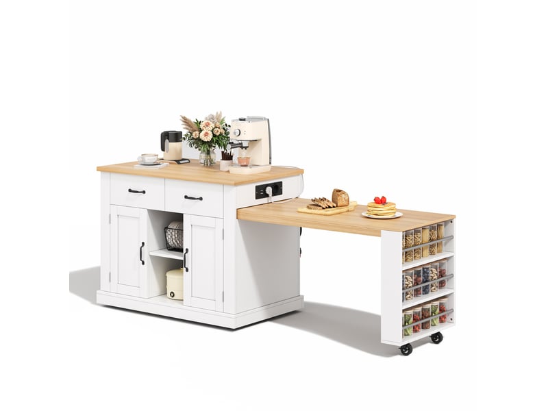  Desserte de cuisine avec table escamotable, 2 portes, 2 tiroirs, roulettes, prises et étagères pour salle à manger  - Conforama A