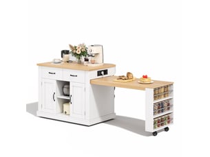 Desserte de cuisine avec table escamotable, 2 portes, 2 tiroirs, roulettes, prises et étagères pour salle à manger