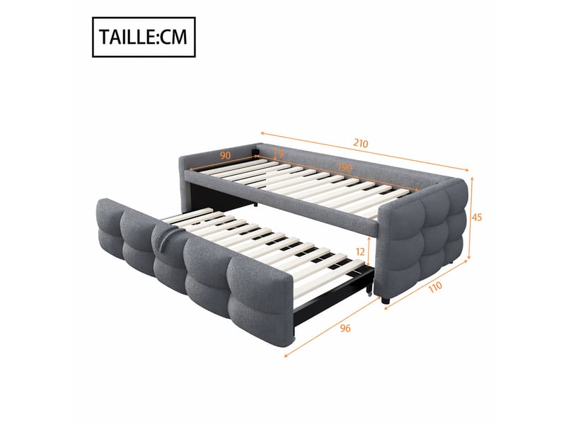  Lit banquette extensible 1 ou 2 places, en tissu teddy gris, couchage 90x190 cm et 180x190 cm, sans matelas  - Conforama D
