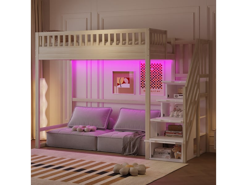 Lit mezzanine en pin massif 90x200 cm échelle sécurité barrières led échelles interchangeables deux côtés lit enfant couleur bois  - Conforama B