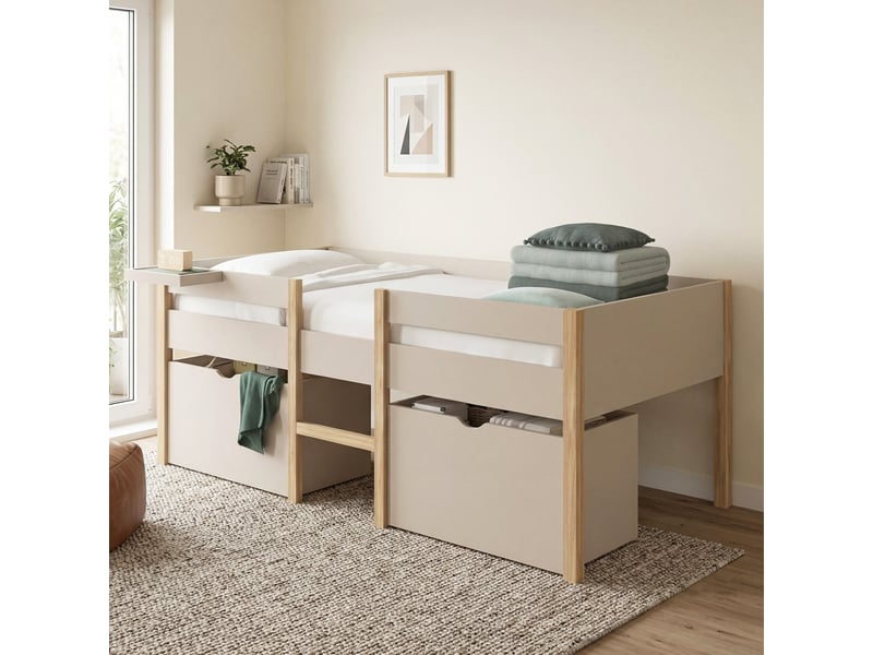 Lit simple surélevé mi-hauteur 90 x 190 cm servane avec sommier, barrières, 2 tiroirs de rangement et tablette beige et bois - Conforama B