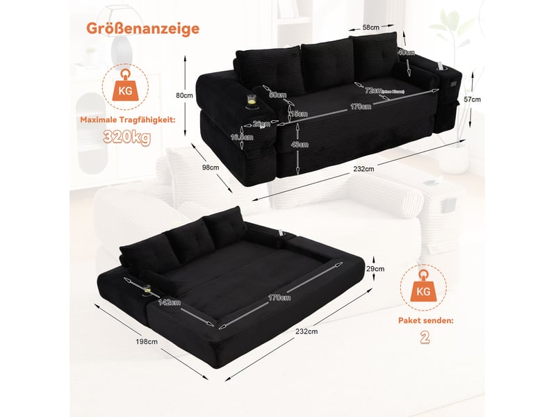 Canapé convertible modenvie 3 places en velours côtelé noir, poches de rangement, porte-gobelet et coussins à mémoire de forme, 232 x 98 x 80 cm - Conforama C