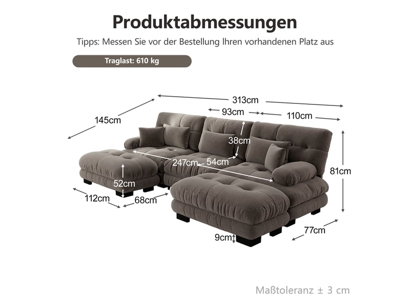  Canapé modulable d'angle en u avec ottoman, canapé salon profond en chenille marron, design moderne pour grand salon  - Conforama C