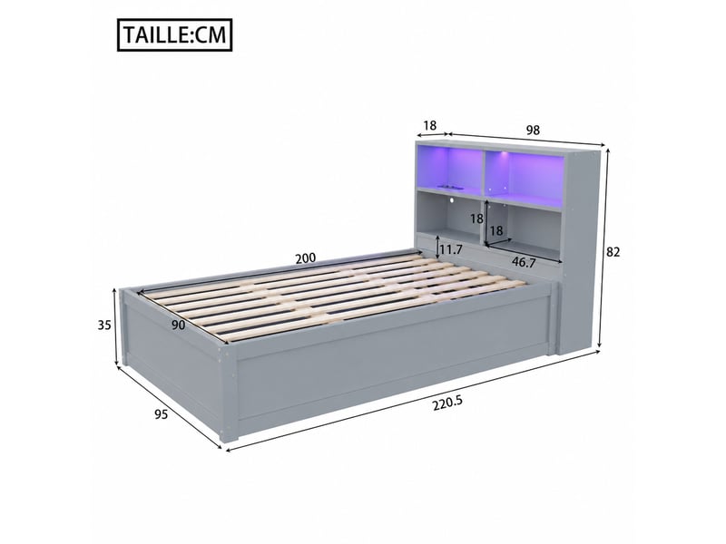  Lit banquette 1 place 90x200 cm en bois, avec 4 compartiments, prise multifonction et led, gris, matelas non précisé  - Conforama D