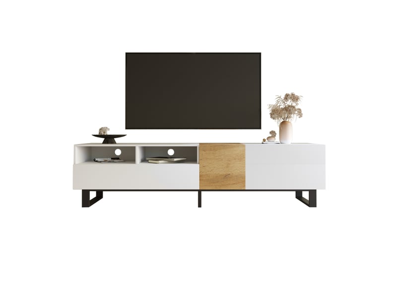  Meuble tv avec 2 portes, 2 tiroirs et 2 niches pour salon 180×38×50 cm en mdf blanc et bois  - Conforama A