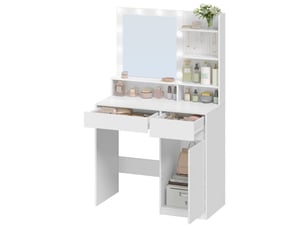 Coiffeuse blanche grande capacité avec éclairage et miroir, table de maquillage multifonctionnelle