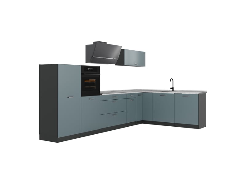  Vicco cuisine en angle, bleu-grisanthracite, 347 x cm plan de travail marbre  - Conforama A