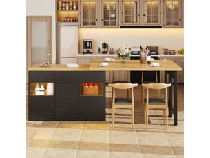Îlot central de cuisine 120-197 cm pivotant 360°, led rgb, 4 tiroirs, portes vitrées, étagères ajustables - blanc ou noir