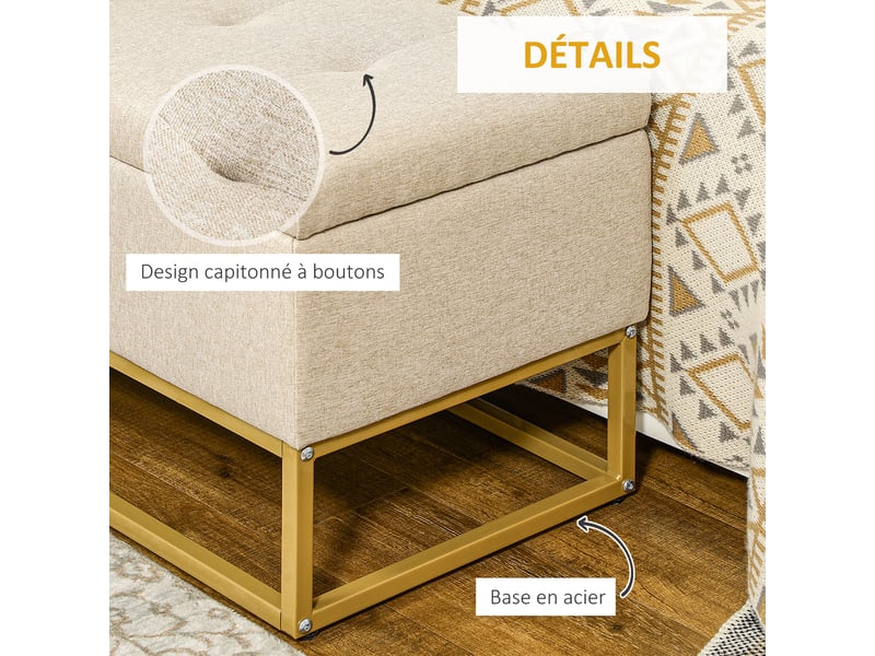  Banc banquette coffre de rangement 2 en 1 assise capitonnée et pieds acier beige et doré 110 x 44 x 48 cm  - Conforama R
