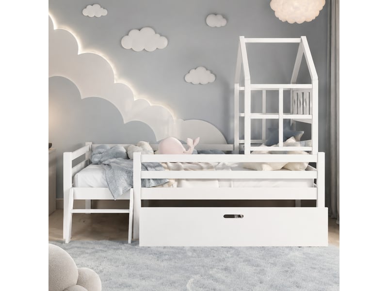 Lit mezzanine enfant 90x200 cm en bois massif, lit simple avec tiroir, échelle et barrières, sans matelas, blanc - Conforama B