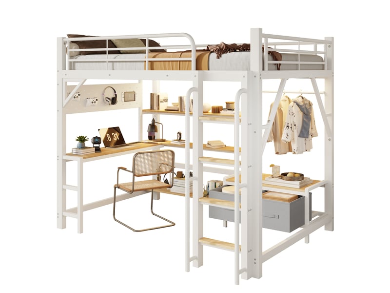  Lit mezzanine enfant 140x200 cm blanc avec bureau, rangements, led et usb, structure métal mdf, sans matelas  - Conforama A