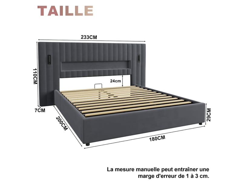  Lit pour enfant 180 × 200 cm 2 places avec matelas et veilleuses, lit rembourré avec compartiment de rangement et éclairage led, lit avec coffre de rangement, gris  - Conforama D