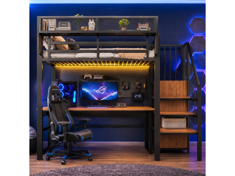  Lit mezzanine 90x200 cm avec rangement et étagère - lit 1 place avec led et échelle de sécurité - métal noir  - Conforama W